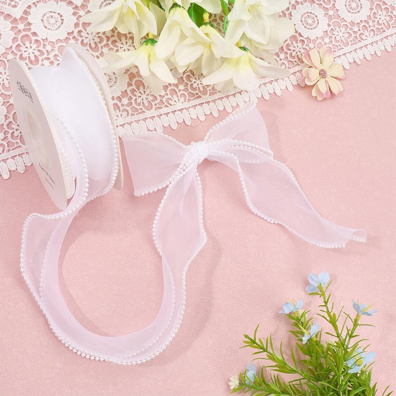 5 Yards White Faux Pearl Edge  - Organza Ribbon Spool avaliação e preço