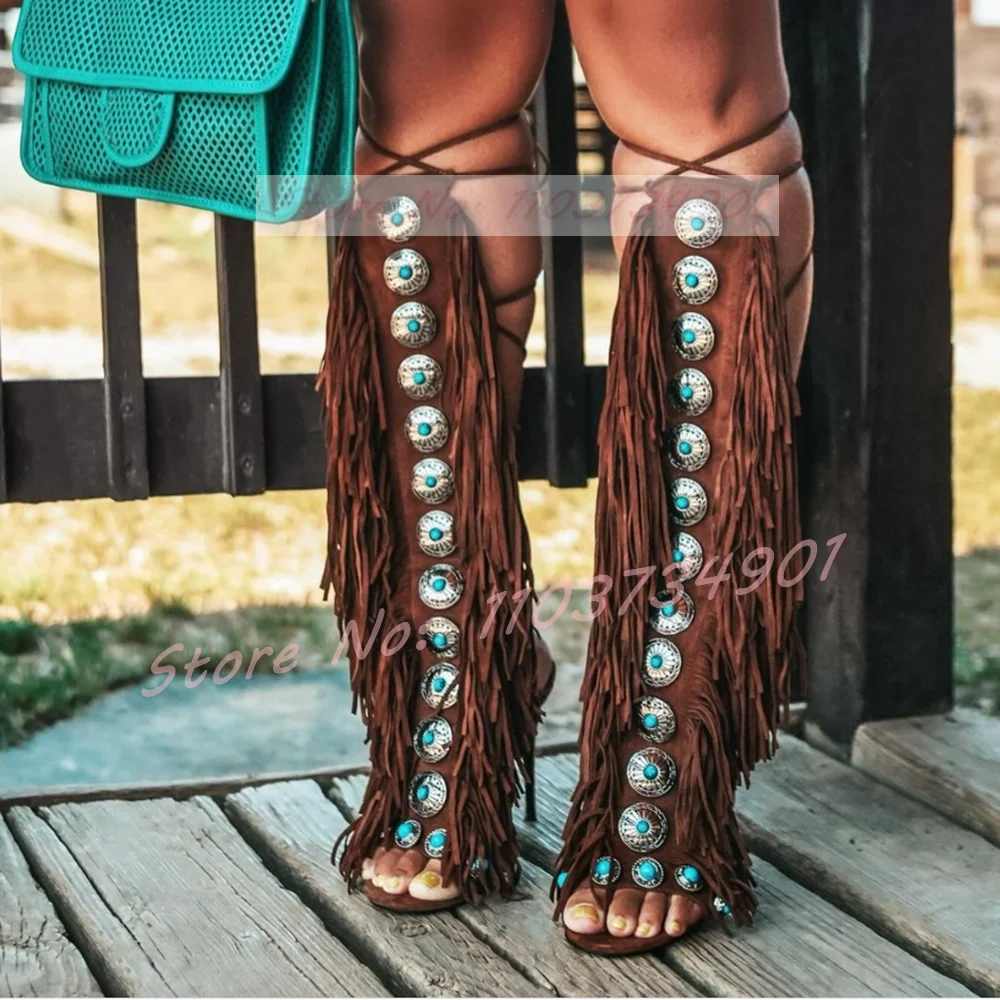 Tassels Open Toe Gems Knee Hig - Tassel Fringe Trim avaliação e preço
