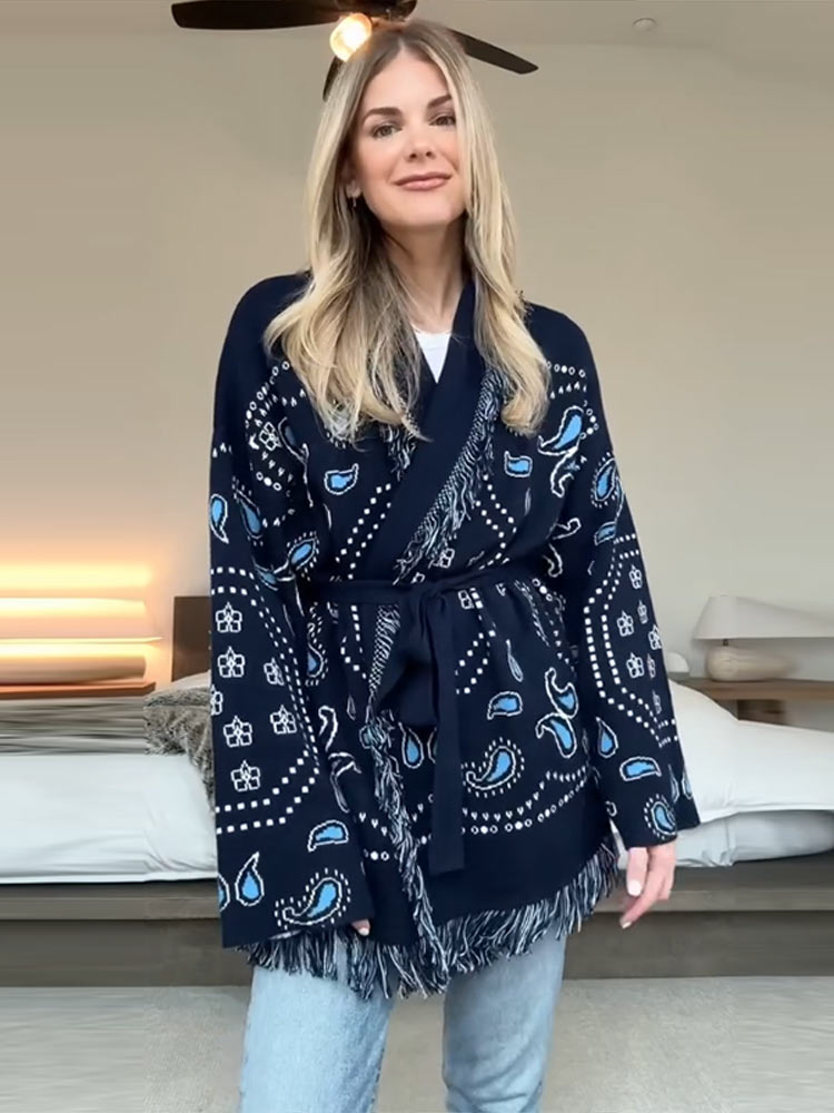 Elegant Print Tassel Cardigan  - Tassel Fringe Trim avaliação e preço