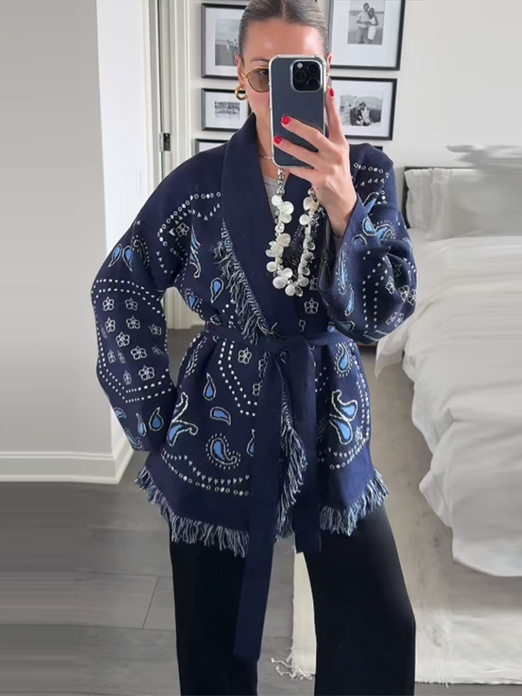 Elegant Print Tassel Cardigan  - Tassel Fringe Trim avaliação e preço