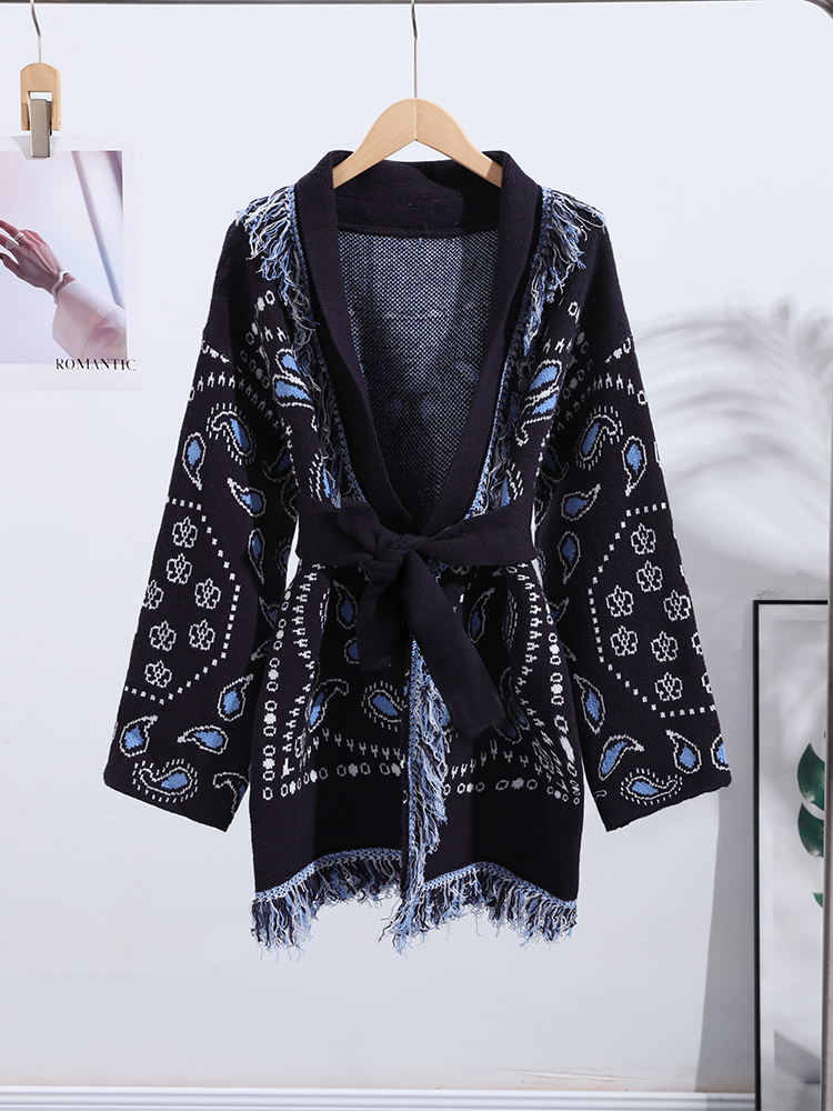 Elegant Print Tassel Cardigan  - Tassel Fringe Trim avaliação e preço