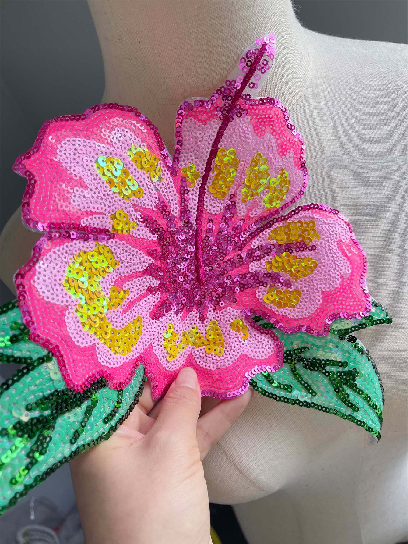 1 Piece 26CM Shining Pink Sequ - Applique Patch Flower avaliação e preço